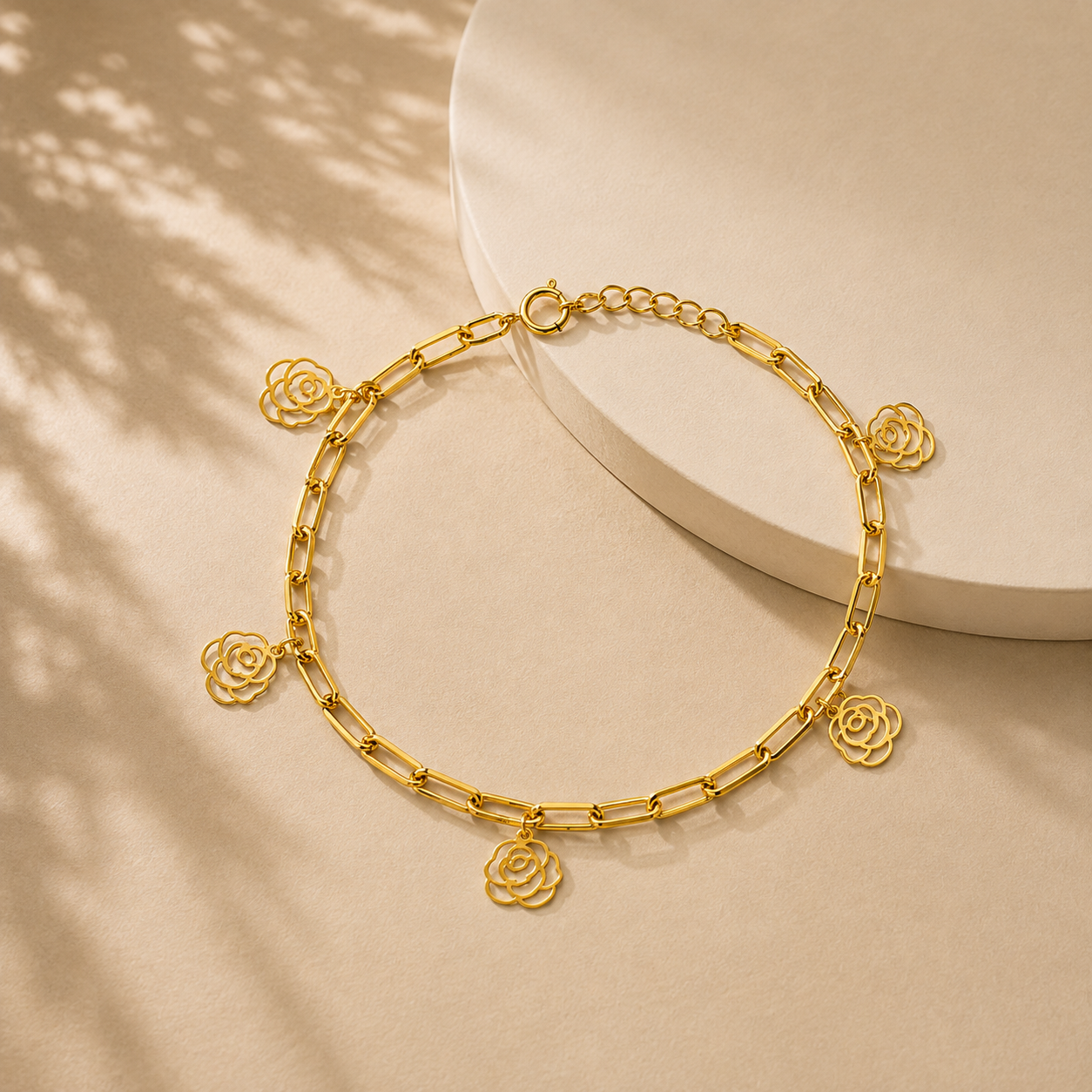 Gold Paperclip Chain Hanging Rose-Shaped Charms Bracelet 21KT - FKJBRL21KM12200