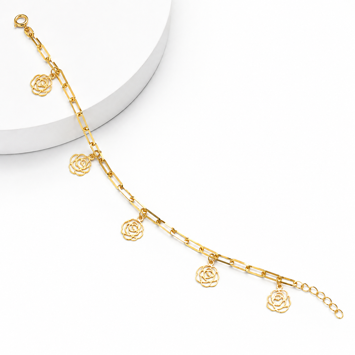 Gold Paperclip Chain Hanging Rose-Shaped Charms Bracelet 21KT - FKJBRL21KM12200