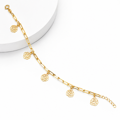 Gold Paperclip Chain Hanging Rose-Shaped Charms Bracelet 21KT - FKJBRL21KM12200