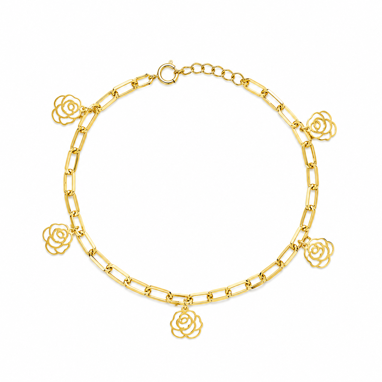 Gold Paperclip Chain Hanging Rose-Shaped Charms Bracelet 21KT - FKJBRL21KM12200