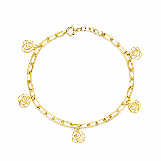 Gold Paperclip Chain Hanging Rose-Shaped Charms Bracelet 21KT - FKJBRL21KM12200