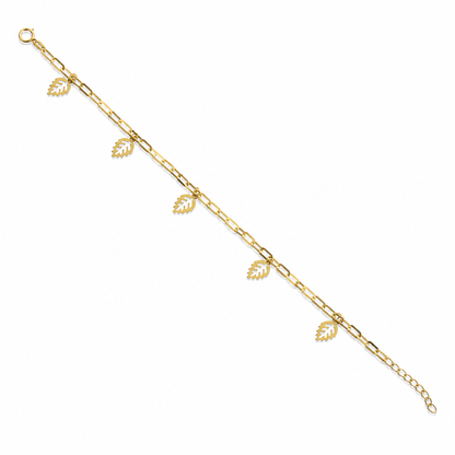 Gold Paperclip Chain Hanging Leaf-Shaped Charms Bracelet 21KT - FKJBRL21KM12205