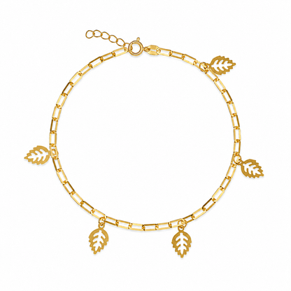 Gold Paperclip Chain Hanging Leaf-Shaped Charms Bracelet 21KT - FKJBRL21KM12205