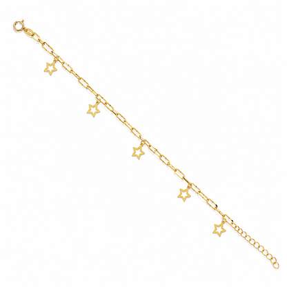 Gold Paperclip Chain Hanging Star-Shaped Charms Bracelet 21KT - FKJBRL21KM12206