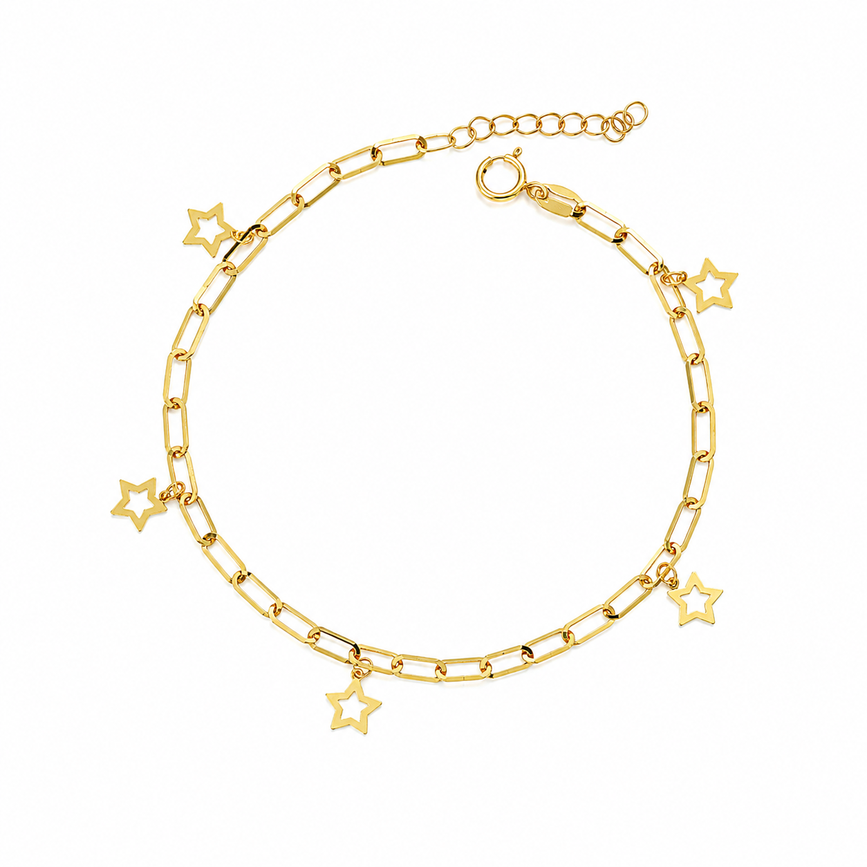 Gold Paperclip Chain Hanging Star-Shaped Charms Bracelet 21KT - FKJBRL21KM12206