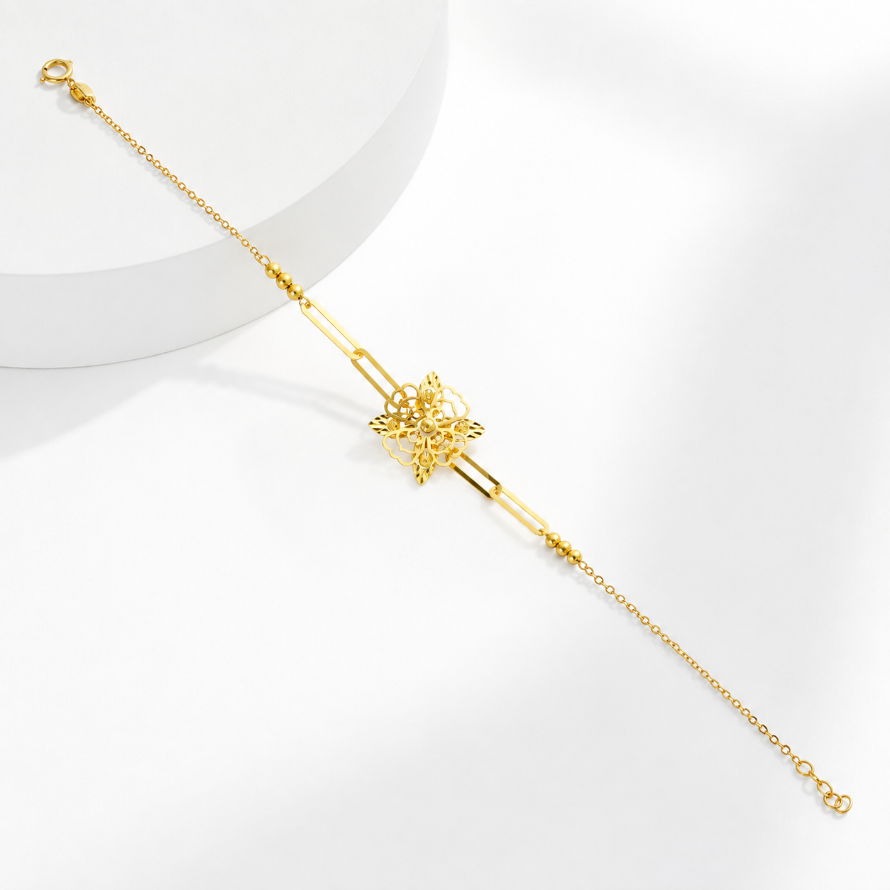 Gold Paperclip Chain Flower Shaped Bracelet 21KT - FKJBRL21KM12207