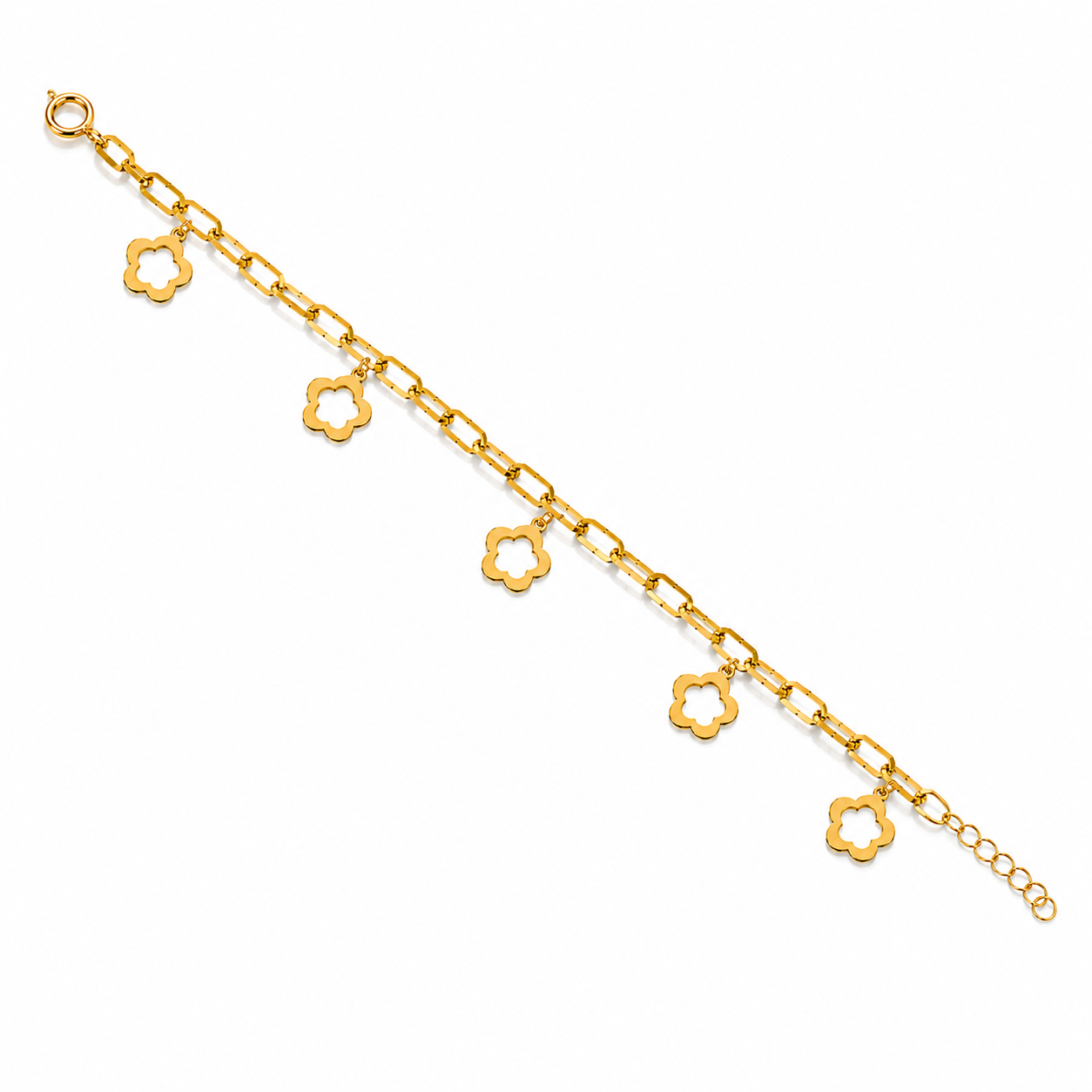 Gold Paperclip Chain Hanging Flower-Shaped Charms Bracelet 21KT - FKJBRL21KM12208