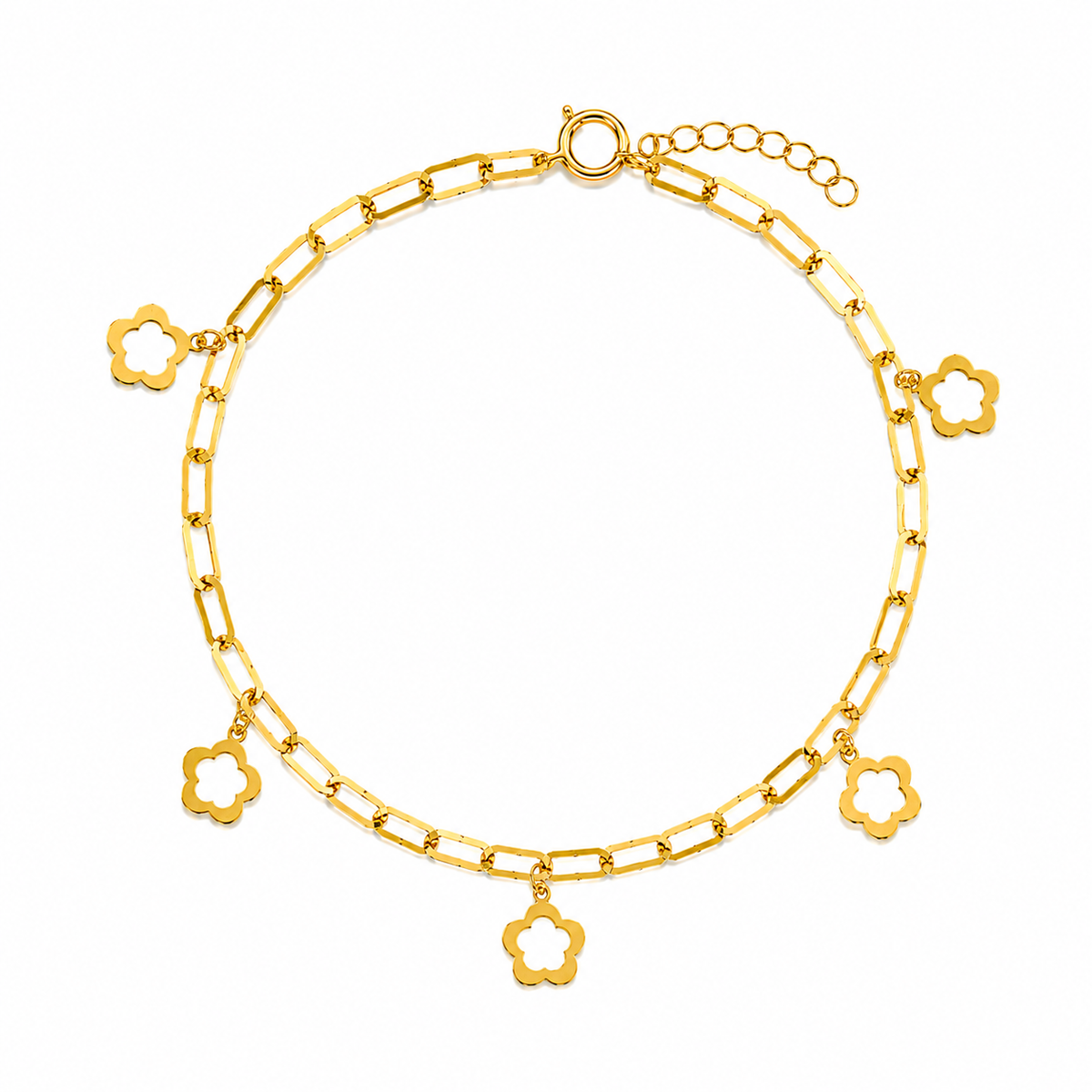 Gold Paperclip Chain Hanging Flower-Shaped Charms Bracelet 21KT - FKJBRL21KM12208