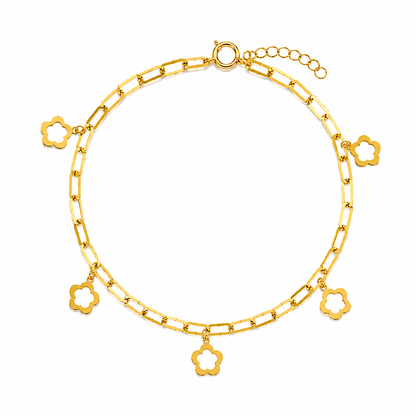 Gold Paperclip Chain Hanging Flower-Shaped Charms Bracelet 21KT - FKJBRL21KM12208