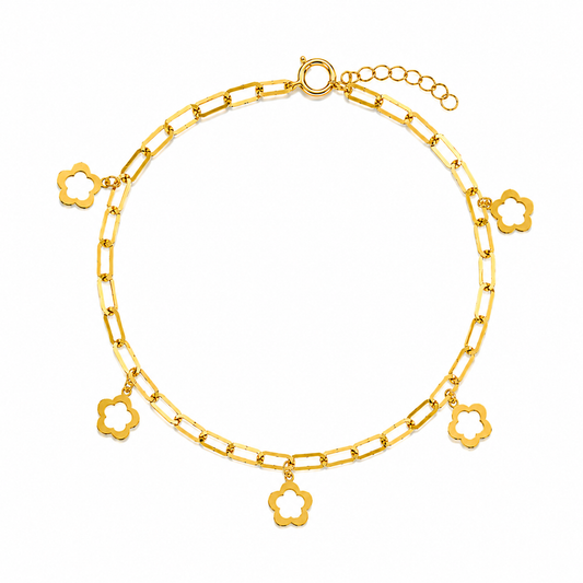 Gold Paperclip Chain Hanging Flower-Shaped Charms Bracelet 21KT - FKJBRL21KM12208