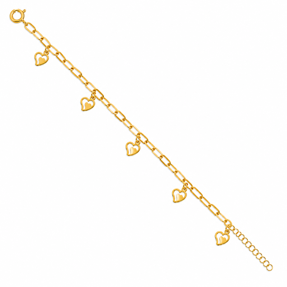 Gold Paperclip Chain Hanging Heart-Shaped Charms Bracelet 21KT - FKJBRL21KM12210