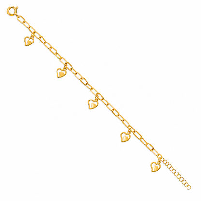 Gold Paperclip Chain Hanging Heart-Shaped Charms Bracelet 21KT - FKJBRL21KM12210