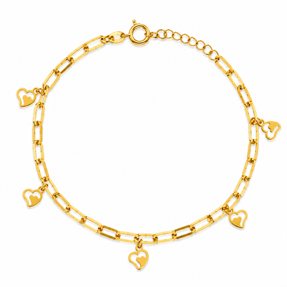 Gold Paperclip Chain Hanging Heart-Shaped Charms Bracelet 21KT - FKJBRL21KM12210