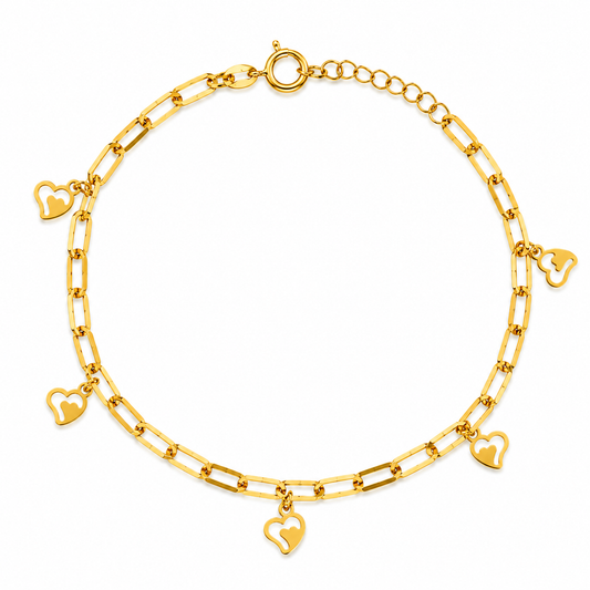 Gold Paperclip Chain Hanging Heart-Shaped Charms Bracelet 21KT - FKJBRL21KM12210
