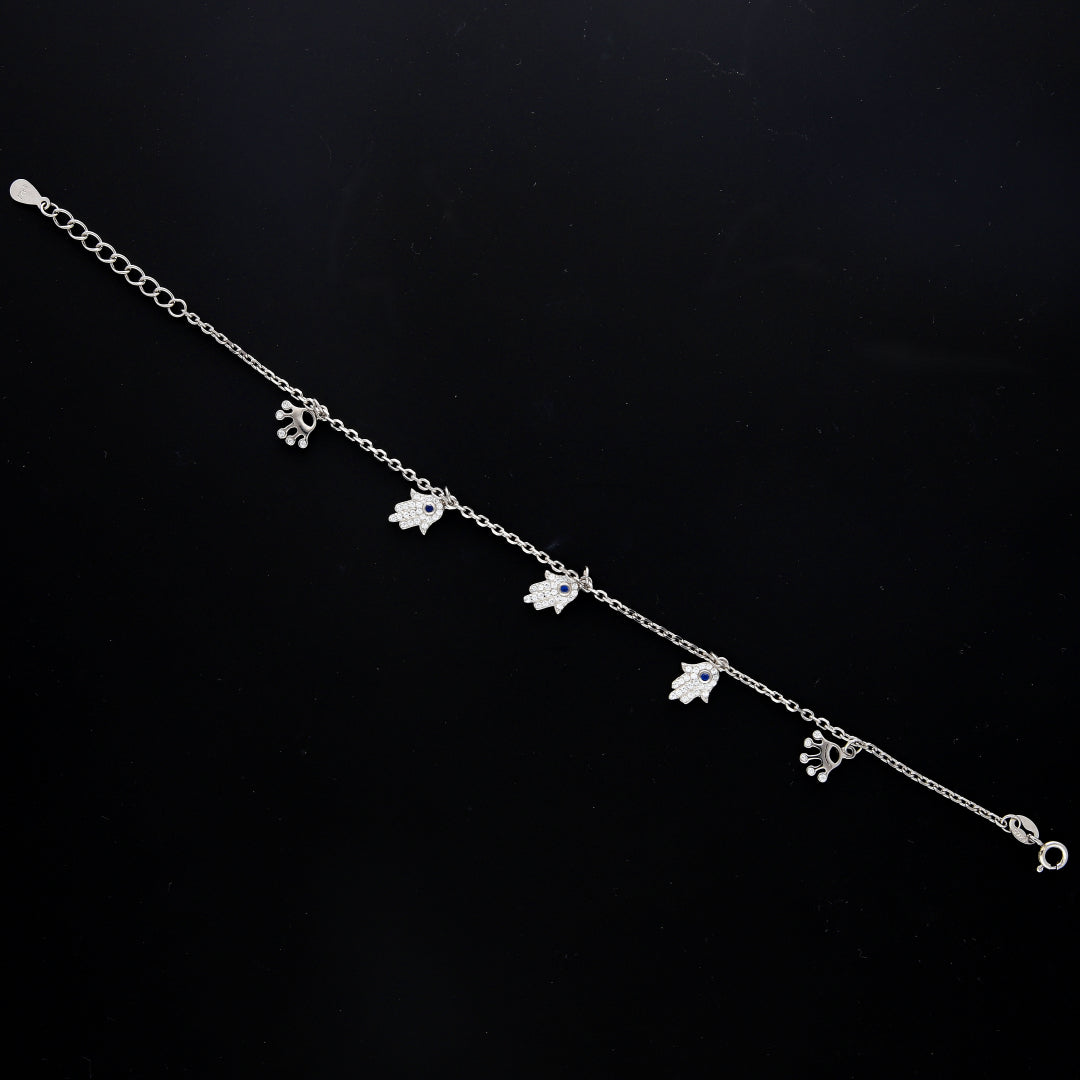 Sterling Silver 925 Dangling Hamsa Charm Bracelet - FKJBRLSL10582