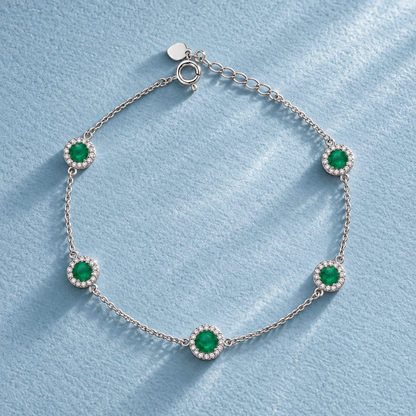 Sterling Silver 925 Green Halo Round Stone Bracelet - FKJBRLSLM12348
