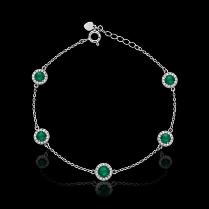 Sterling Silver 925 Green Halo Round Stone Bracelet - FKJBRLSLM12348