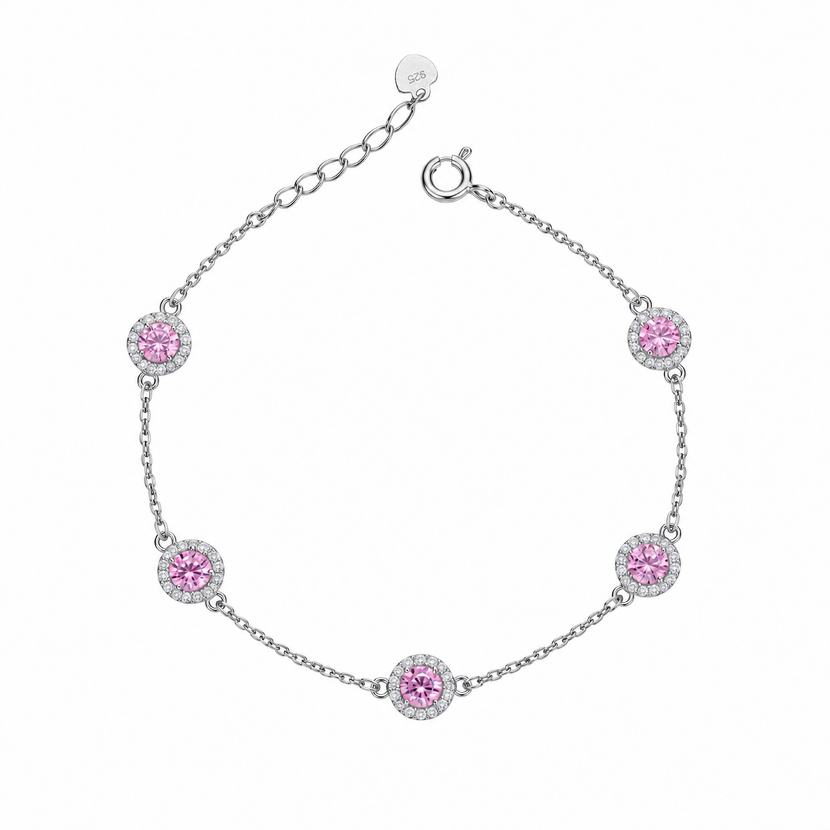 Sterling Silver 925 Round Pink Crystal Bracelet - FKJBRLSLM12349