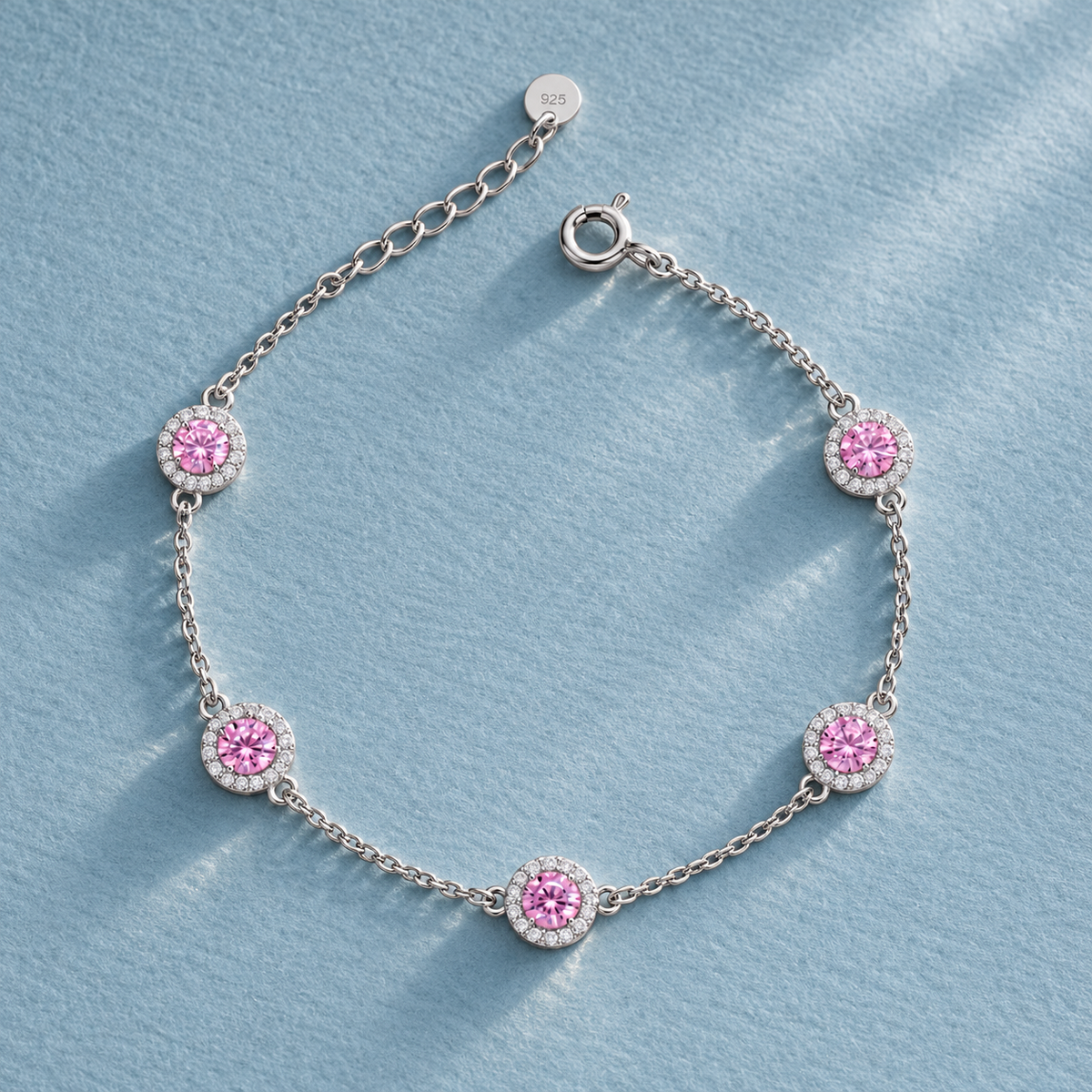 Sterling Silver 925 Round Pink Crystal Bracelet - FKJBRLSLM12349