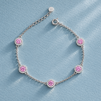 Sterling Silver 925 Round Pink Crystal Bracelet - FKJBRLSLM12349