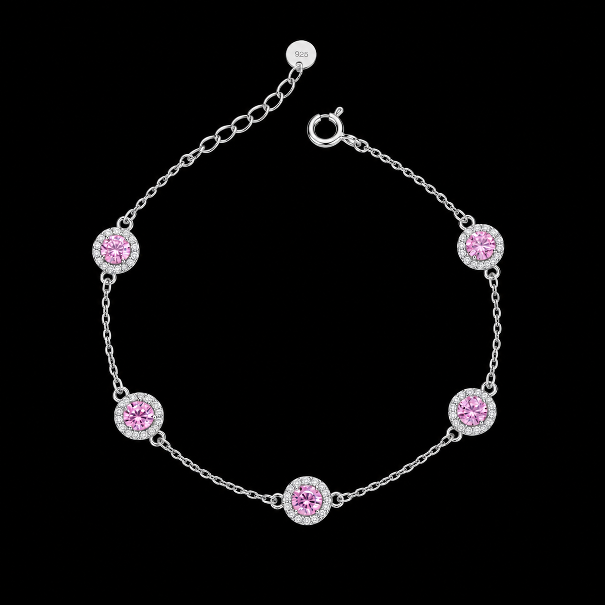 Sterling Silver 925 Round Pink Crystal Bracelet - FKJBRLSLM12349