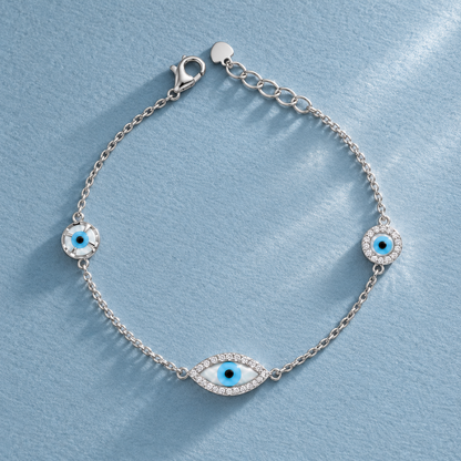 Sterling Silver 925 Blue Evil Eye Charm Bracelet - FKJBRLSLM12356