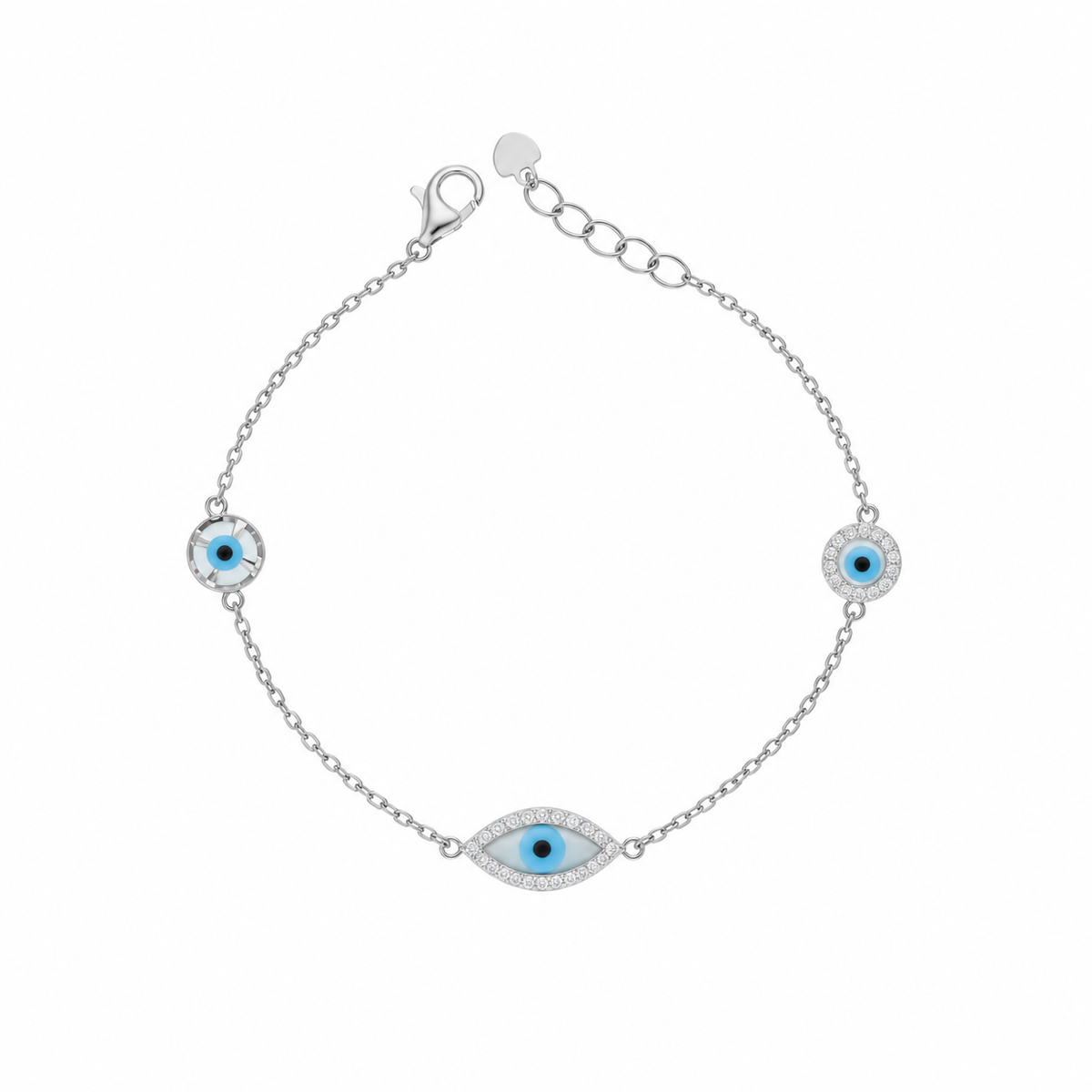Sterling Silver 925 Blue Evil Eye Charm Bracelet - FKJBRLSLM12356