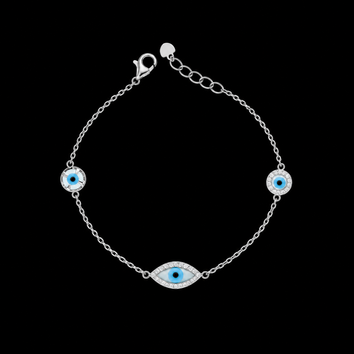 Sterling Silver 925 Blue Evil Eye Charm Bracelet - FKJBRLSLM12356