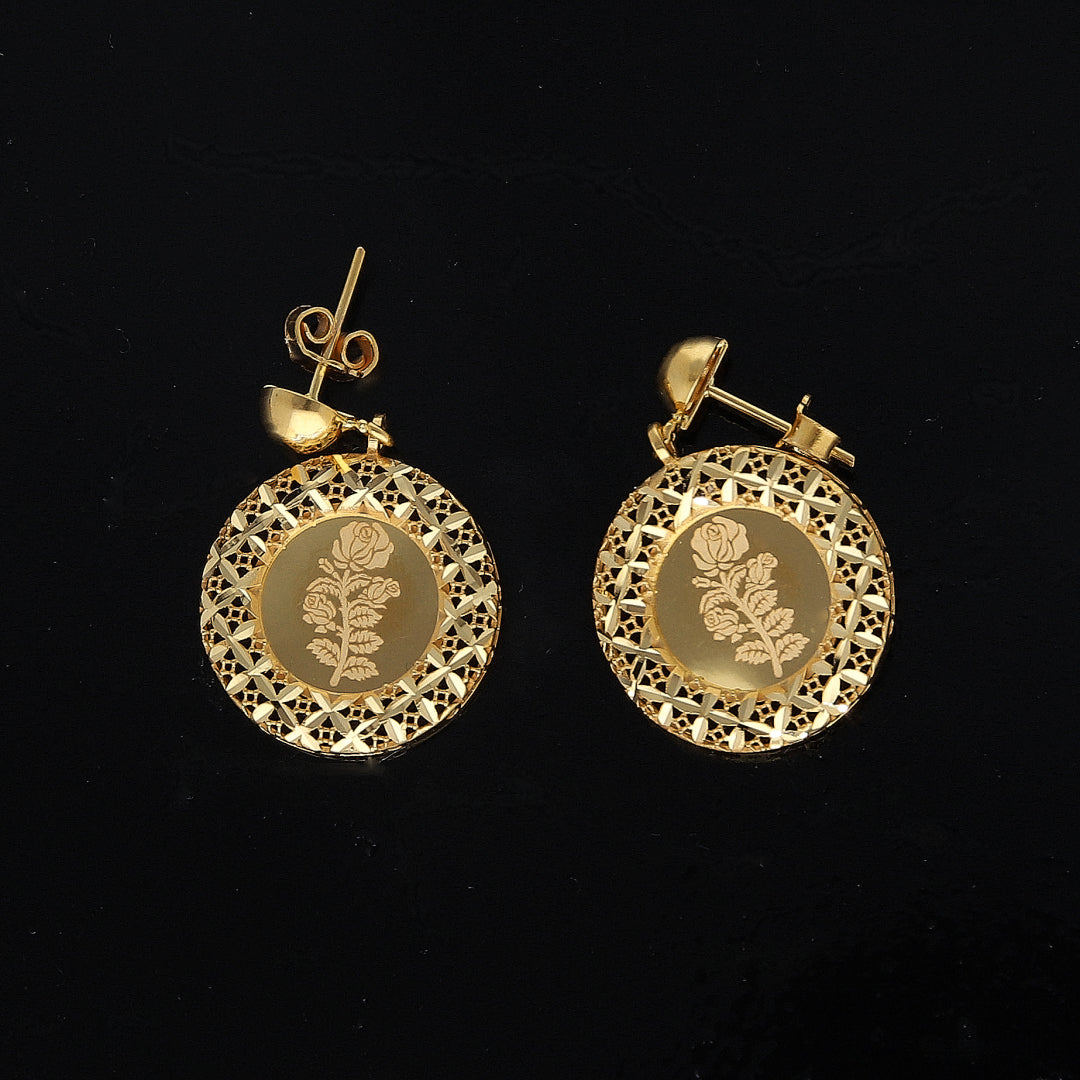 Gold Floral Engraved Earrings 21KT - FKJERN21KM10914