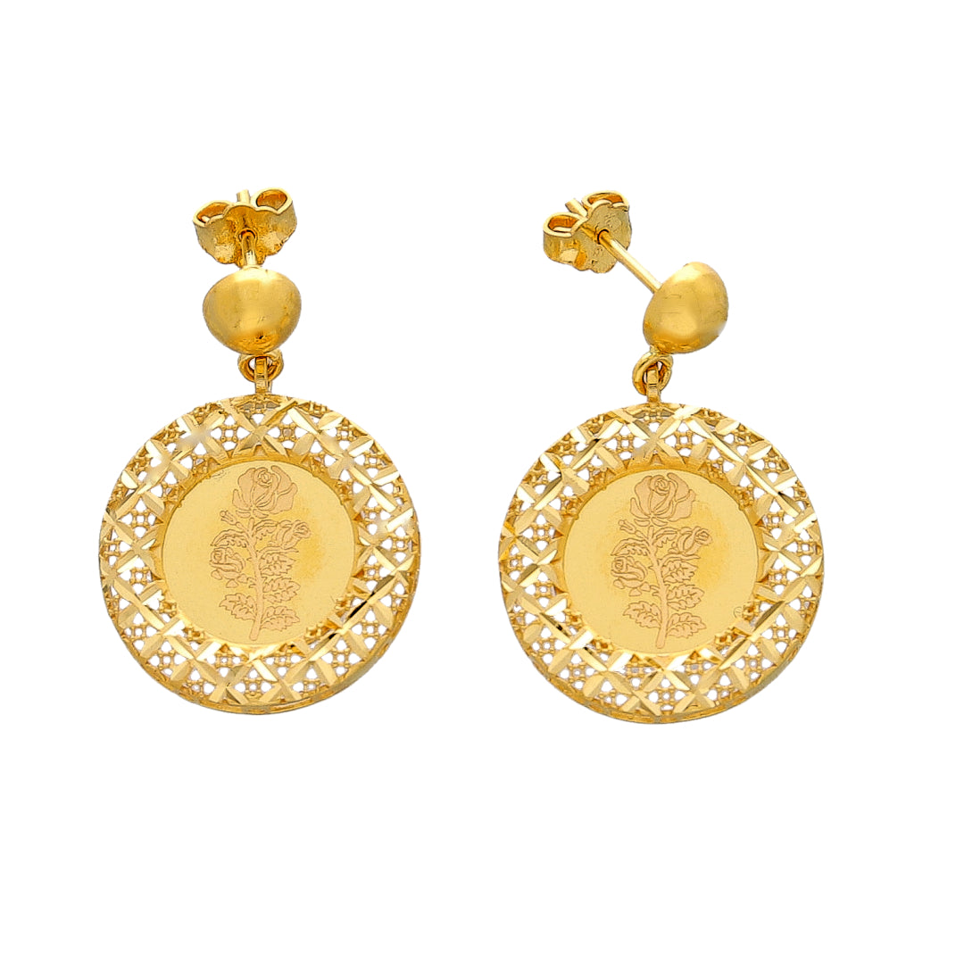 Gold Floral Engraved Earrings 21KT - FKJERN21KM10914
