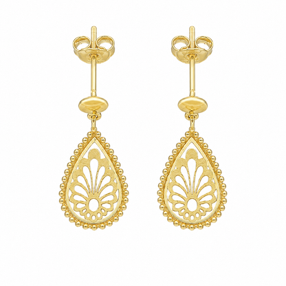 Gold Filigree Teardrop Drop Earrings 21KT - FKJERN21KM12255
