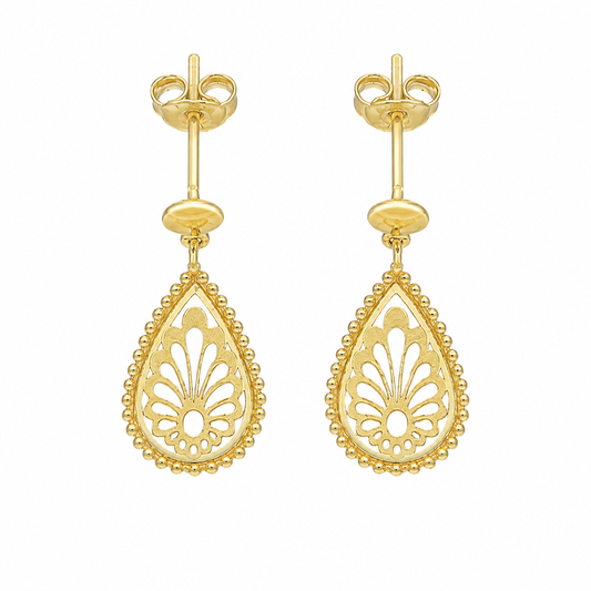 Gold Filigree Teardrop Drop Earrings 21KT - FKJERN21KM12255