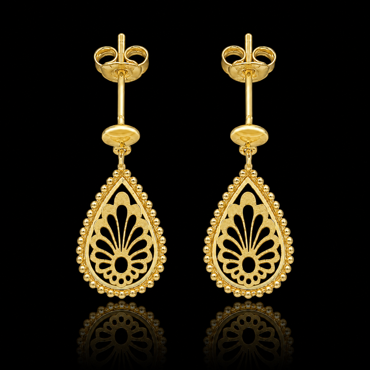 Gold Filigree Teardrop Drop Earrings 21KT - FKJERN21KM12255