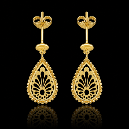 Gold Filigree Teardrop Drop Earrings 21KT - FKJERN21KM12255