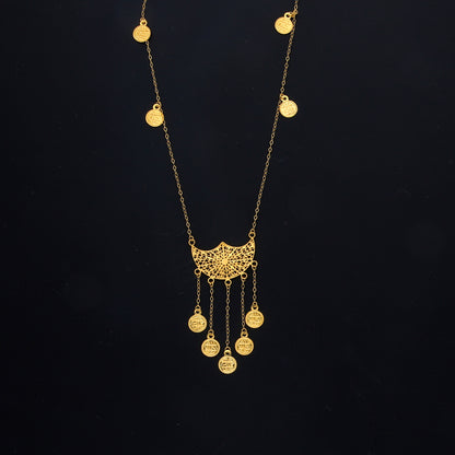 Gold Filigree Coin Drop Necklace 21KT - FKJNKL21KM10521