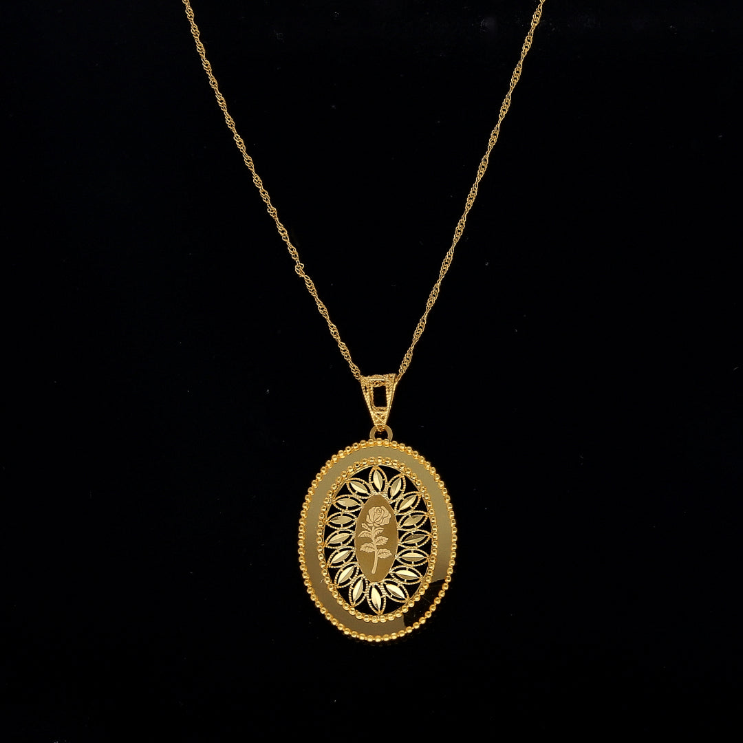 Gold Rose Engraved & Cutwork Oval Pendant With Chain 21KT - FKJNKL21KM10890