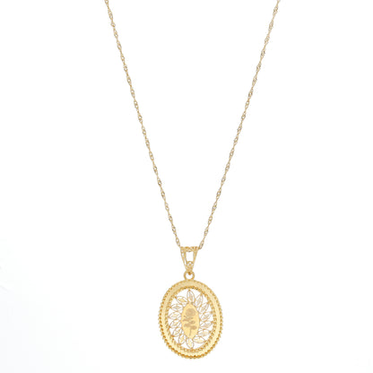 Gold Rose Engraved & Cutwork Oval Pendant With Chain 21KT - FKJNKL21KM10890