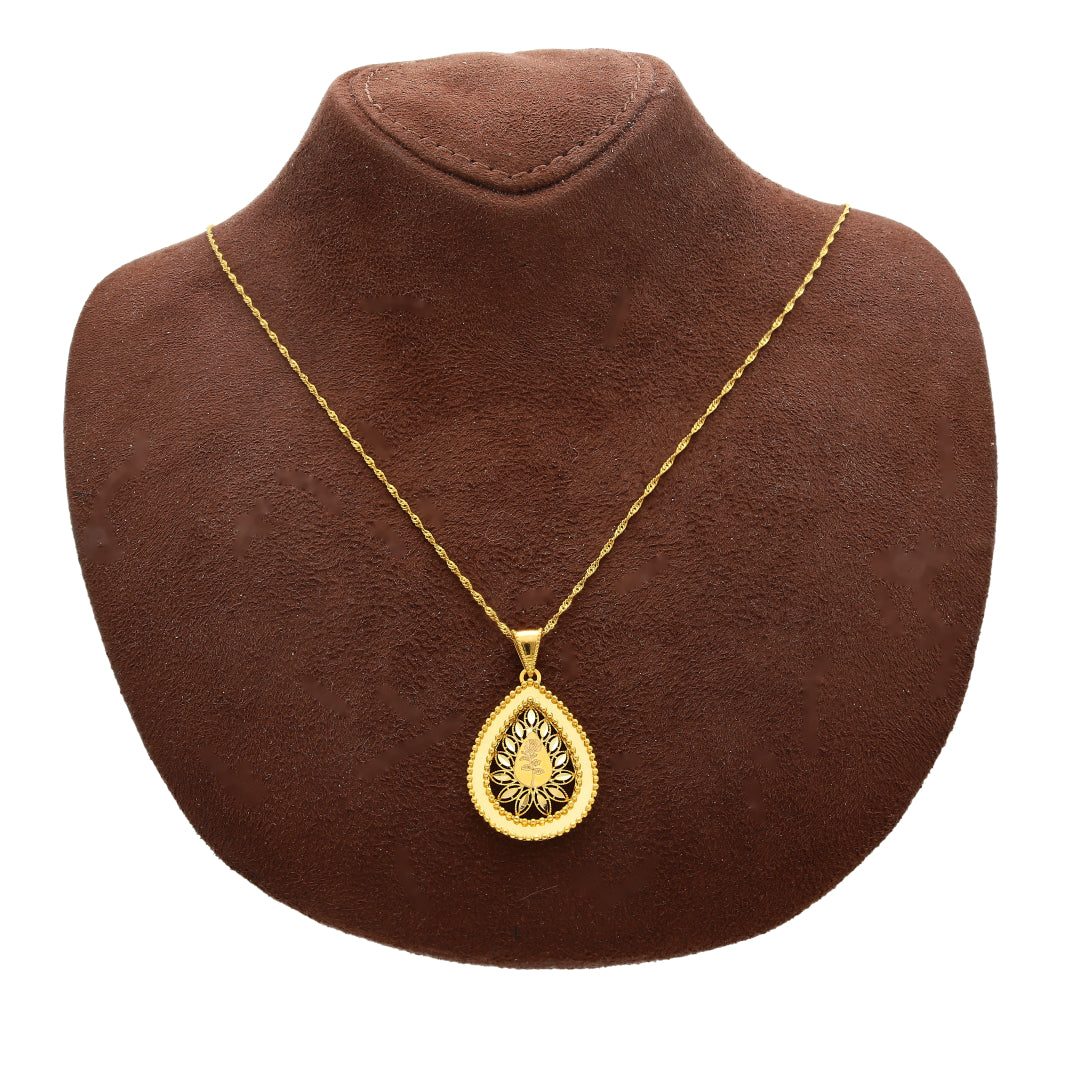Gold Rose Engraved & Cutwork Teardrop Pendant With Chain 21KT - FKJNKL21KM10894