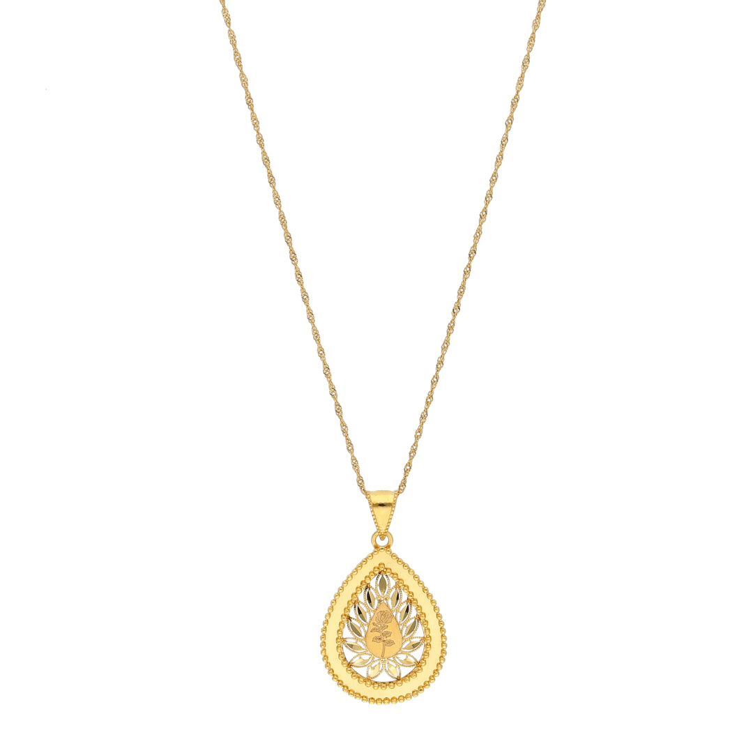 Gold Rose Engraved & Cutwork Teardrop Pendant With Chain 21KT - FKJNKL21KM10894