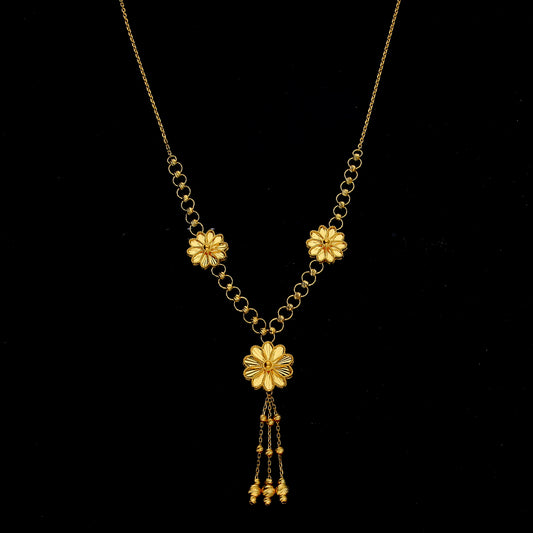 Gold Flower Shaped Tassel Necklace 21KT - FKJNKL21KM11916