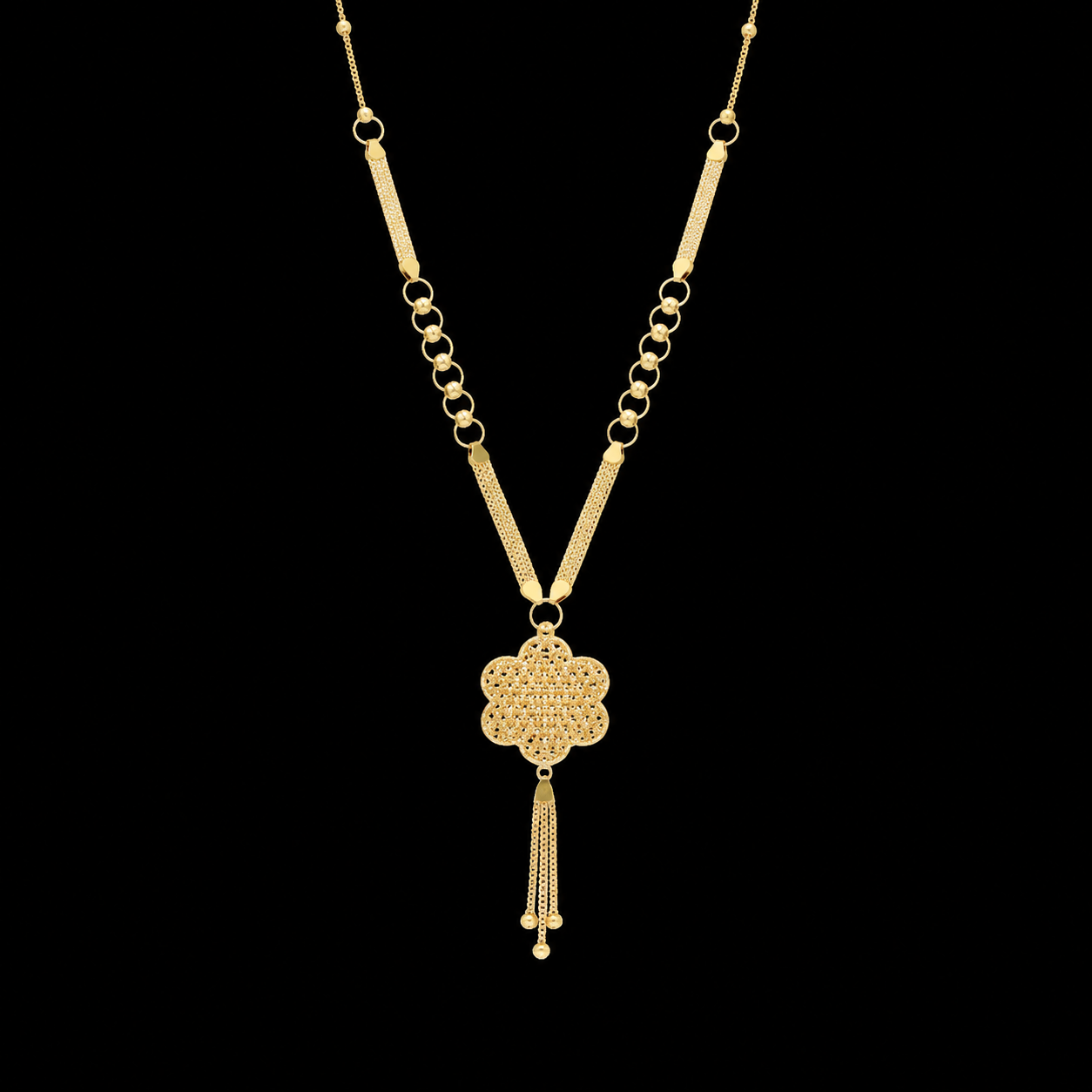 Gold Flower Shaped Tassel Necklace 21KT - FKJNKL21KM12015