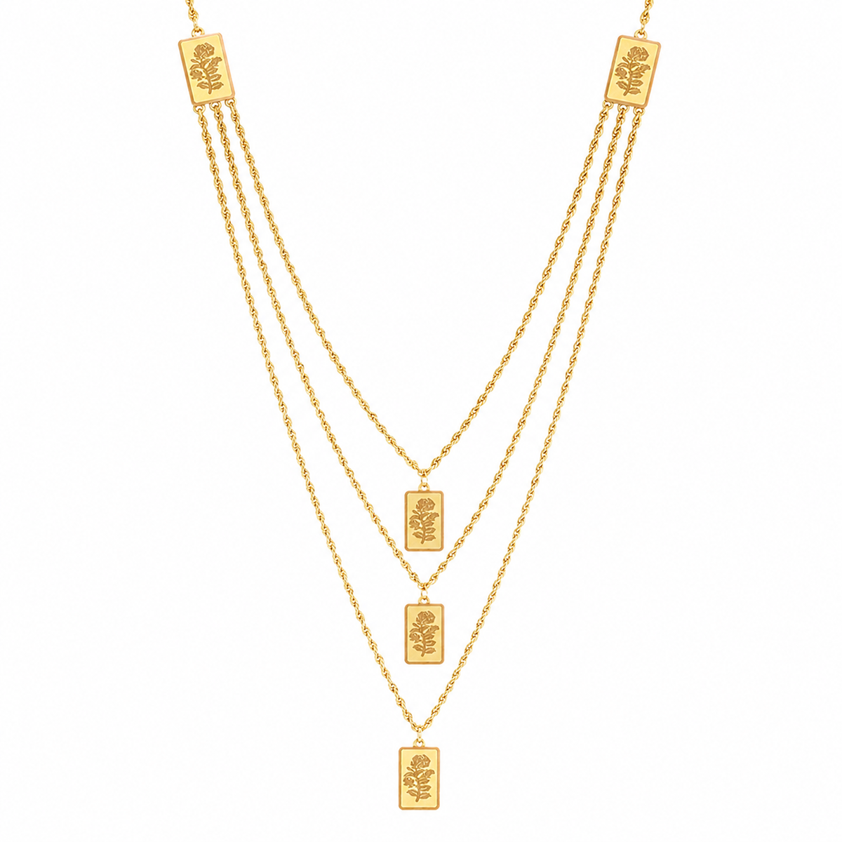 Gold Multi-Layered Rope-Chain With Rectangular Bars Engraved Rose Motifs Necklace 21KT - FKJNKL21KM12211
