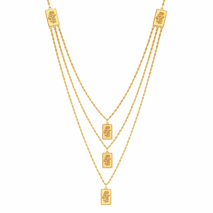 Gold Multi-Layered Rope-Chain With Rectangular Bars Engraved Rose Motifs Necklace 21KT - FKJNKL21KM12211
