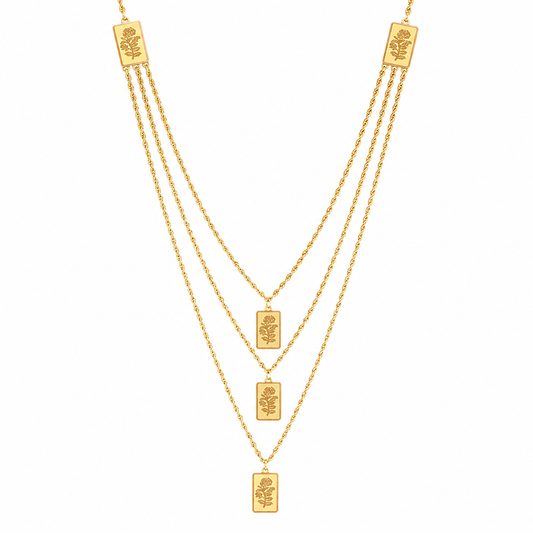 Gold Multi-Layered Rope-Chain With Rectangular Bars Engraved Rose Motifs Necklace 21KT - FKJNKL21KM12211