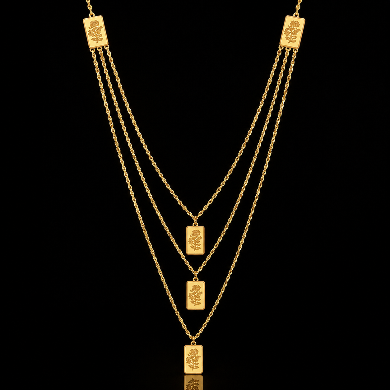 Gold Multi-Layered Rope-Chain With Rectangular Bars Engraved Rose Motifs Necklace 21KT - FKJNKL21KM12211