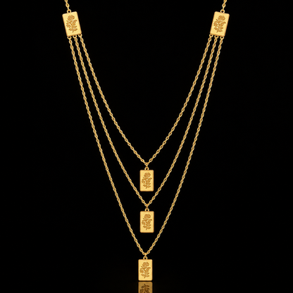 Gold Multi-Layered Rope-Chain With Rectangular Bars Engraved Rose Motifs Necklace 21KT - FKJNKL21KM12211