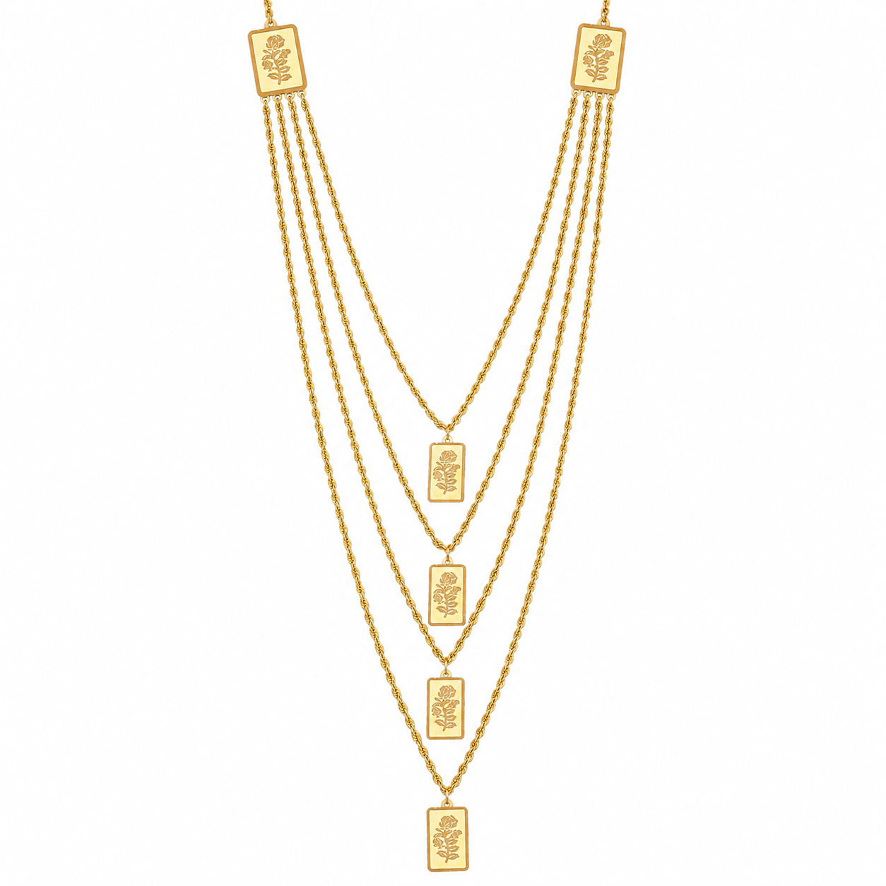 Gold Multi-Layered Rope-Chain With Rectangular Bars Engraved Rose Motifs Necklace 21KT - FKJNKL21KM12212