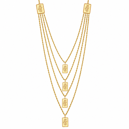 Gold Multi-Layered Rope-Chain With Rectangular Bars Engraved Rose Motifs Necklace 21KT - FKJNKL21KM12212