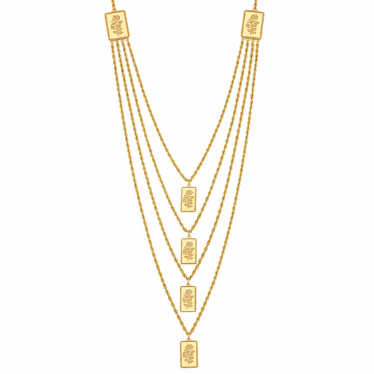 Gold Multi-Layered Rope-Chain With Rectangular Bars Engraved Rose Motifs Necklace 21KT - FKJNKL21KM12212