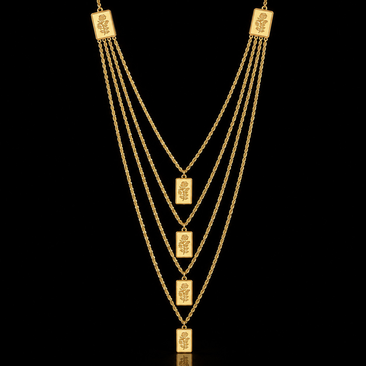 Gold Multi-Layered Rope-Chain With Rectangular Bars Engraved Rose Motifs Necklace 21KT - FKJNKL21KM12212